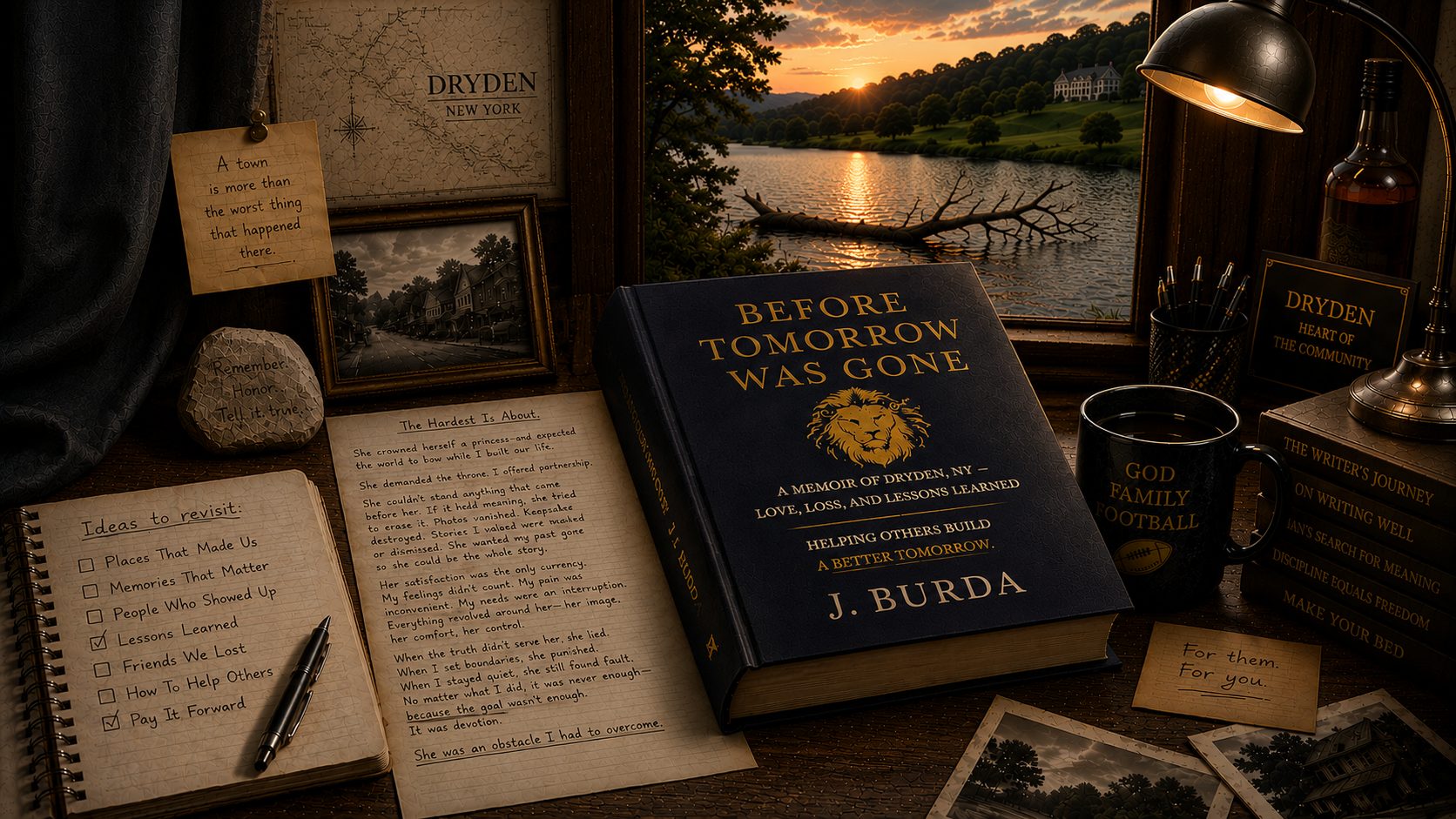 Before Tomorrow Was Gone on a writer's desk overlooking Dryden Lake at sunset.