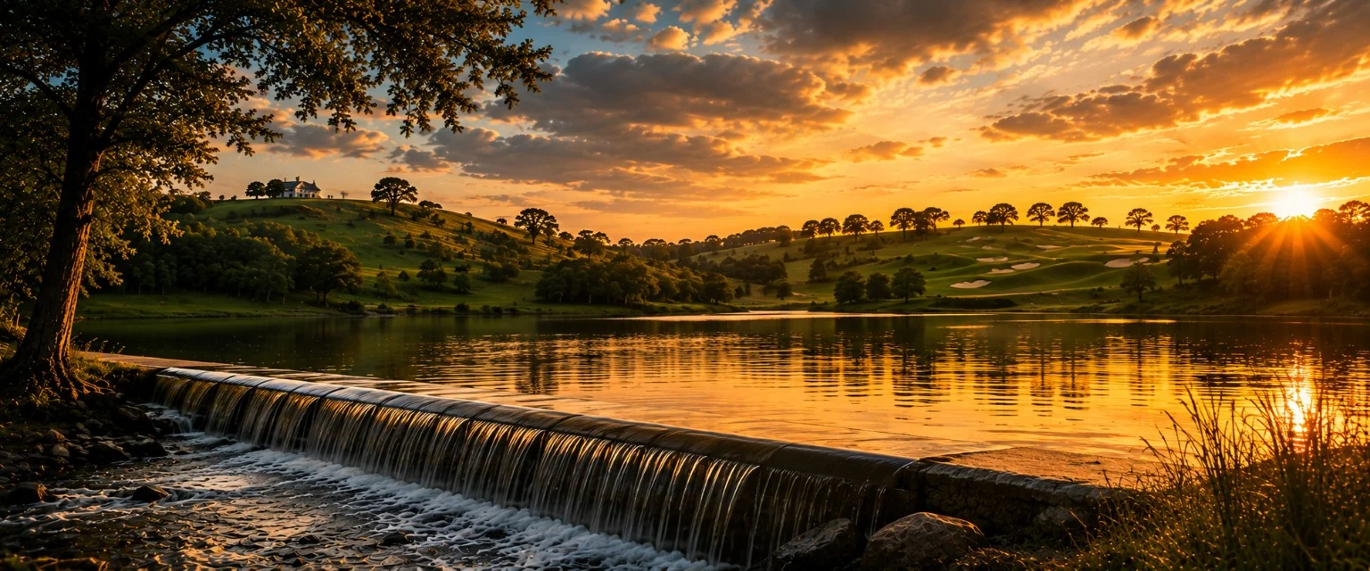 Artistic lake landscape at golden hour with a low dam, wooded banks, and a golf-course-like hillside across the water.