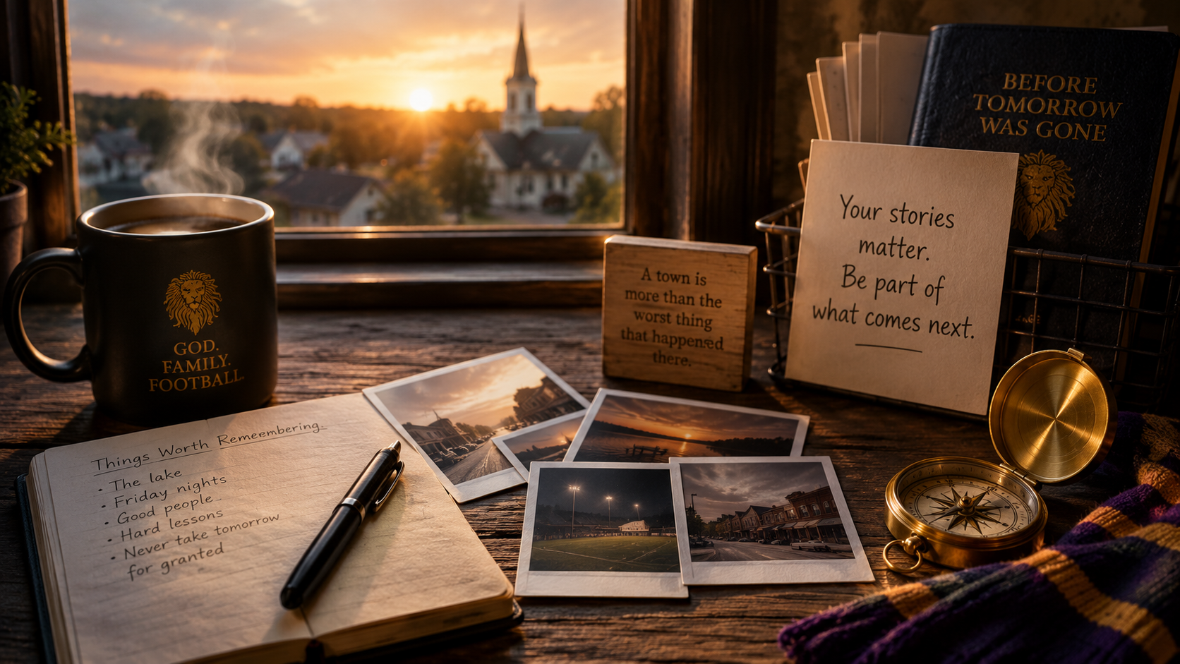 A writer's desk filled with photographs, notes, memories, and Before Tomorrow Was Gone material.