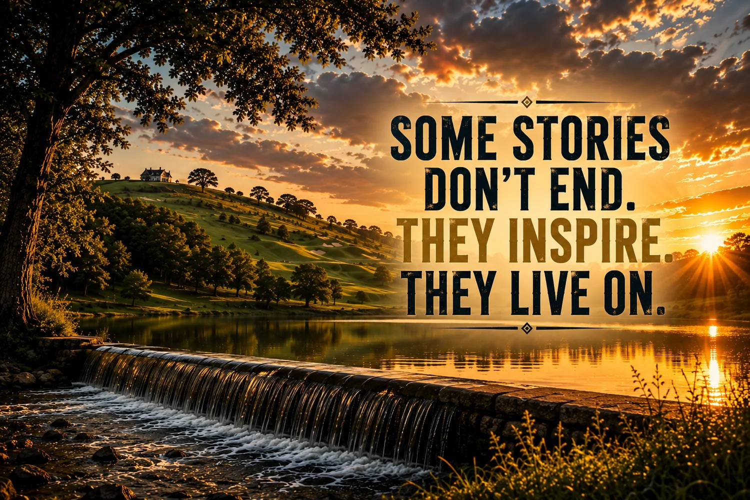 Cinematic lakeside landscape with the words Some stories don't end. They inspire. They live on.