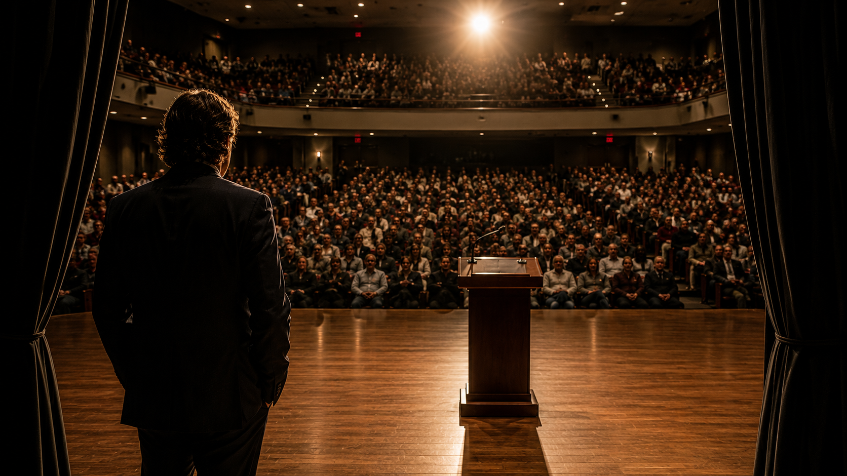 View from backstage toward a podium and a full auditorium before a speaking appearance.